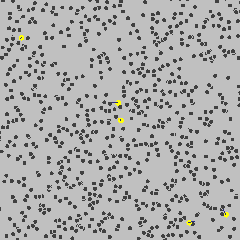 Five large particles undergoing Brownian motion with velocity vector and trailing paths
